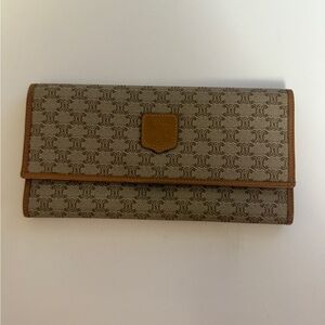 Celine Vintage Macadam Long Wallet Tan Canvas Leather Trim Made In Italy